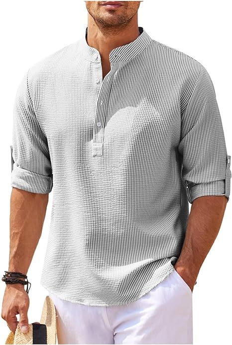 Men's Check Shirt with Stand Collar and Roll-Up Sleeves — Smart Casual Shirt for Weekend & Everyday Wear | Koossa