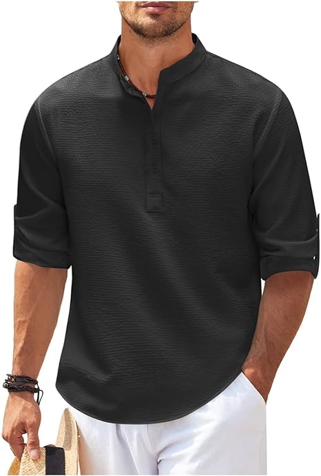 Men's Check Shirt with Stand Collar and Roll-Up Sleeves — Smart Casual Shirt for Weekend & Everyday Wear | Koossa