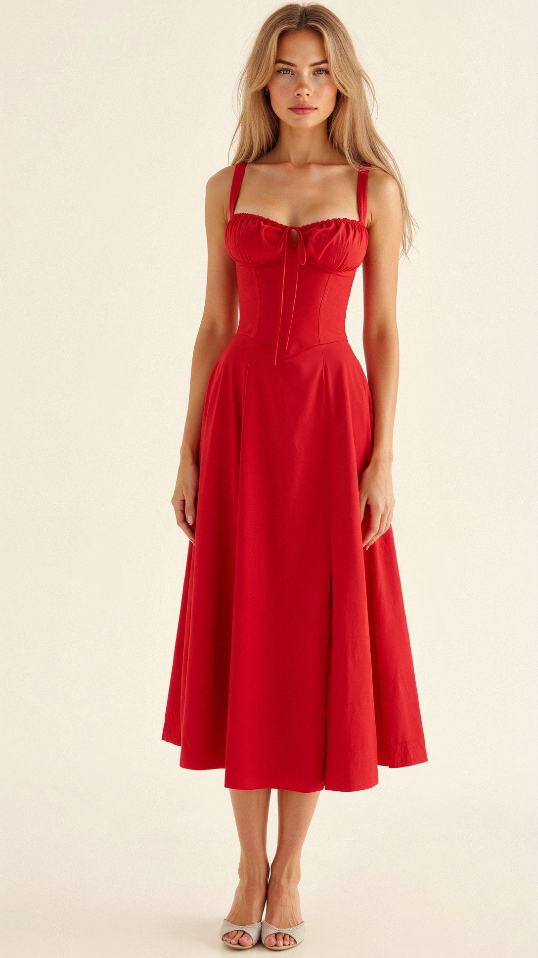 Structured Corset Midi Dress with Front Slit in Elegant Occasion Styling | Koossa