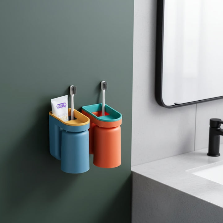 Wall-Mounted Toothbrush Holder with Cup, Adhesive Drill-Free Bathroom Organizer, Toothpaste Caddy for Sink, Mirror & Tile | Lonoma