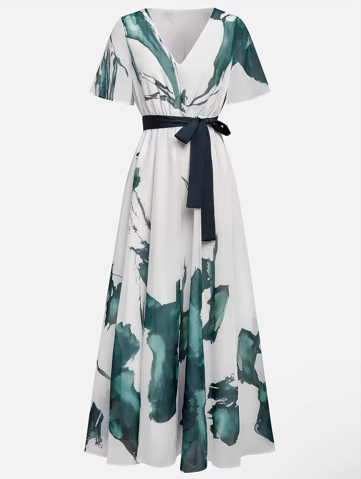 Women's Watercolour Print Maxi Dress with Tie Waist Green Lightweight Flowing Summer Wedding Garden Party Evening Occasion | Koossa
