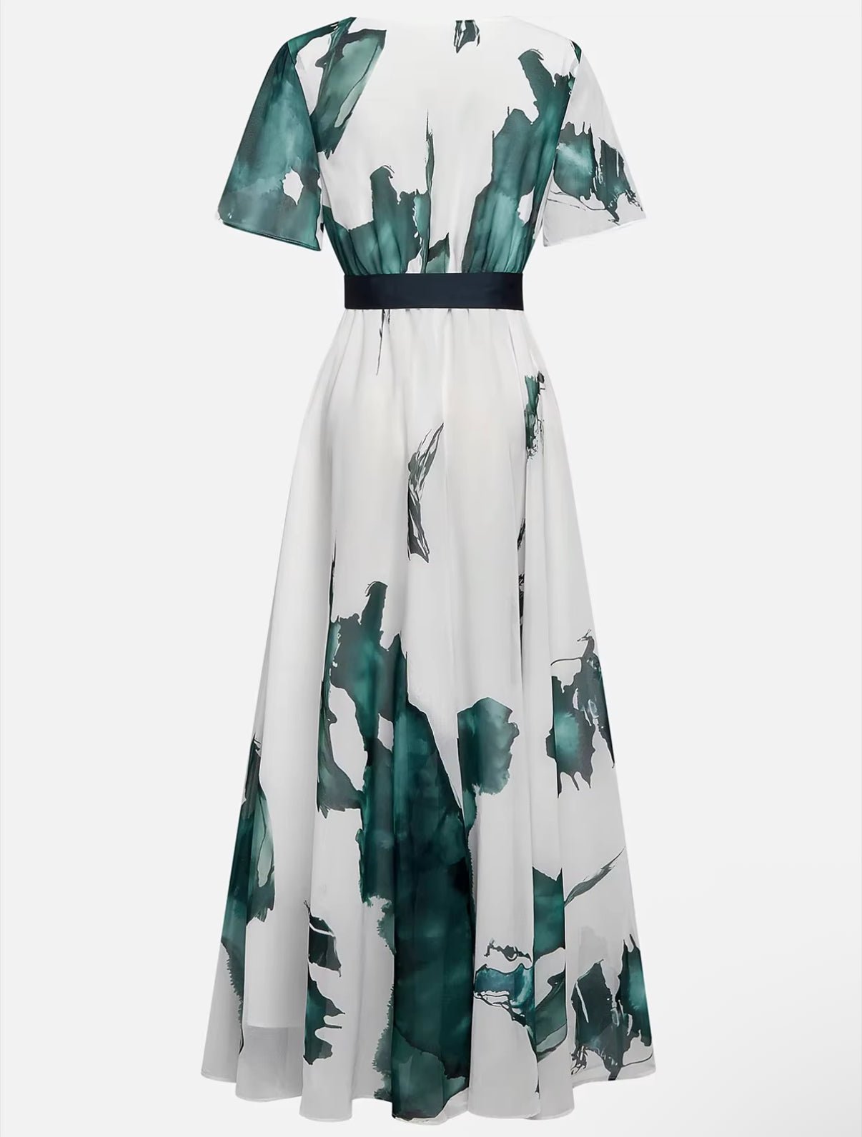 Women's Watercolour Print Maxi Dress with Tie Waist Green Lightweight Flowing Summer Wedding Garden Party Evening Occasion | Koossa