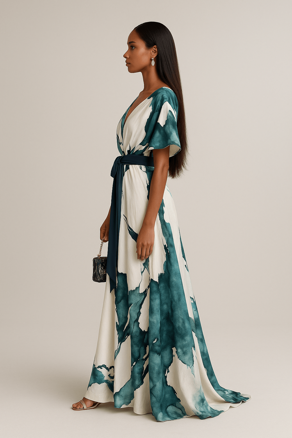 Women's Watercolour Print Maxi Dress with Tie Waist Green Lightweight Flowing Summer Wedding Garden Party Evening Occasion | Koossa