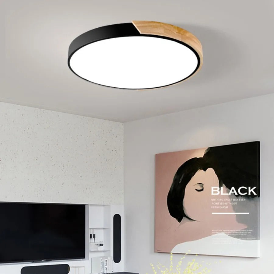 Round Flush Mount Ceiling Light with Wood Accent | Modern Nordic LED Fixture for Bedroom Living Room | 9-12 inch Macaron Design in 6 Colors | Lonoma