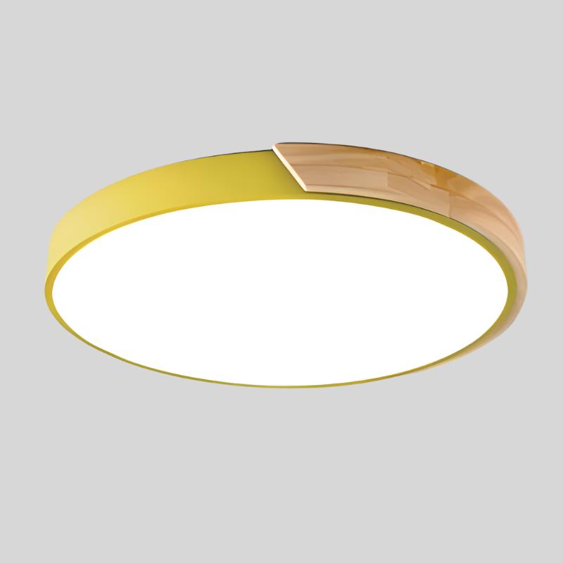 Round Flush Mount Ceiling Light with Wood Accent | Modern Nordic LED Fixture for Bedroom Living Room | 9-12 inch Macaron Design in 6 Colors | Lonoma