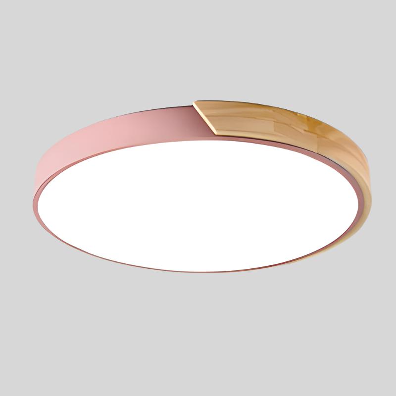 Round Flush Mount Ceiling Light with Wood Accent | Modern Nordic LED Fixture for Bedroom Living Room | 9-12 inch Macaron Design in 6 Colors | Lonoma