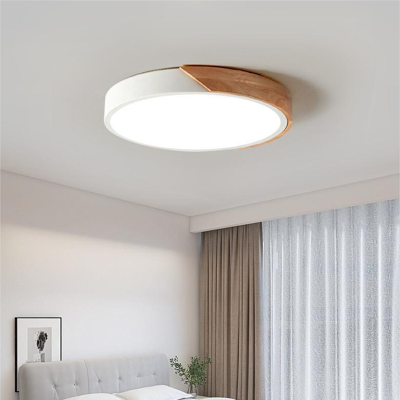 Round Flush Mount Ceiling Light with Wood Accent | Modern Nordic LED Fixture for Bedroom Living Room | 9-12 inch Macaron Design in 6 Colors | Lonoma