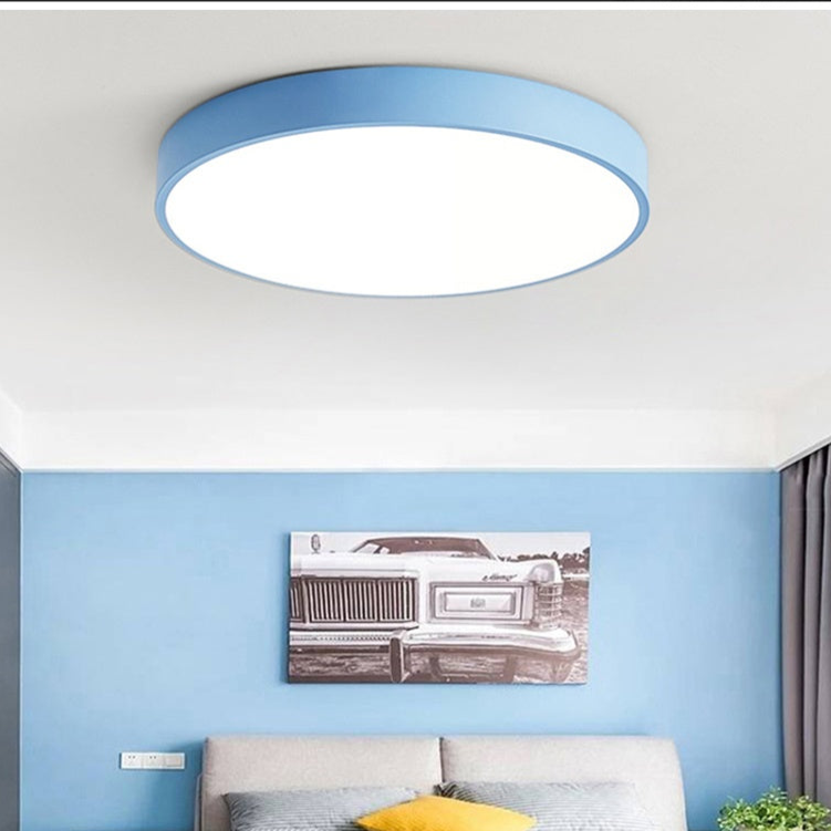 Round Flush Mount Ceiling Light with Wood Accent | Modern Nordic LED Fixture for Bedroom Living Room | 9-12 inch Macaron Design in 6 Colors | Lonoma