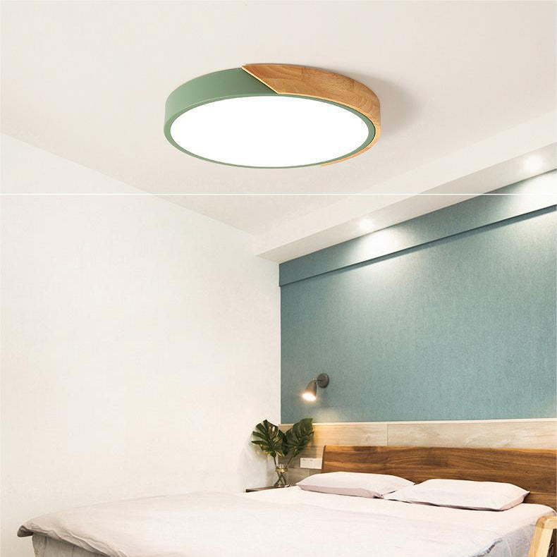 Round Flush Mount Ceiling Light with Wood Accent | Modern Nordic LED Fixture for Bedroom Living Room | 9-12 inch Macaron Design in 6 Colors | Lonoma