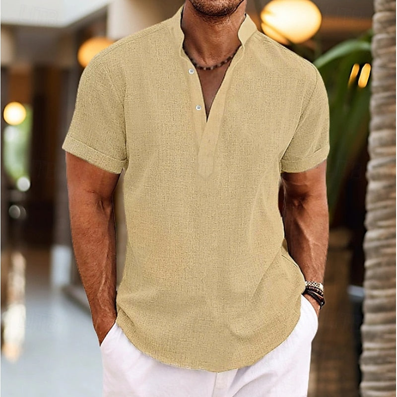 Men's Short Sleeve Band Collar Shirt in Lightweight Cotton Blend for Summer Occasions and Casual Weekend Wear | Koossa