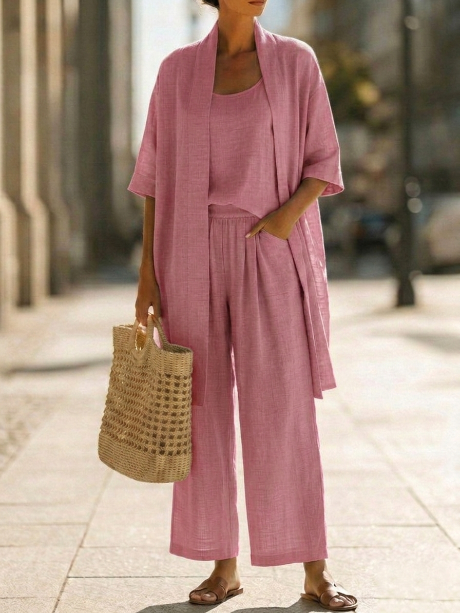 Women's Three-Piece Co-ord Set in Breathable Fabric | Relaxed Fit Top Trousers Waistcoat for Everyday Elegance | Koossa
