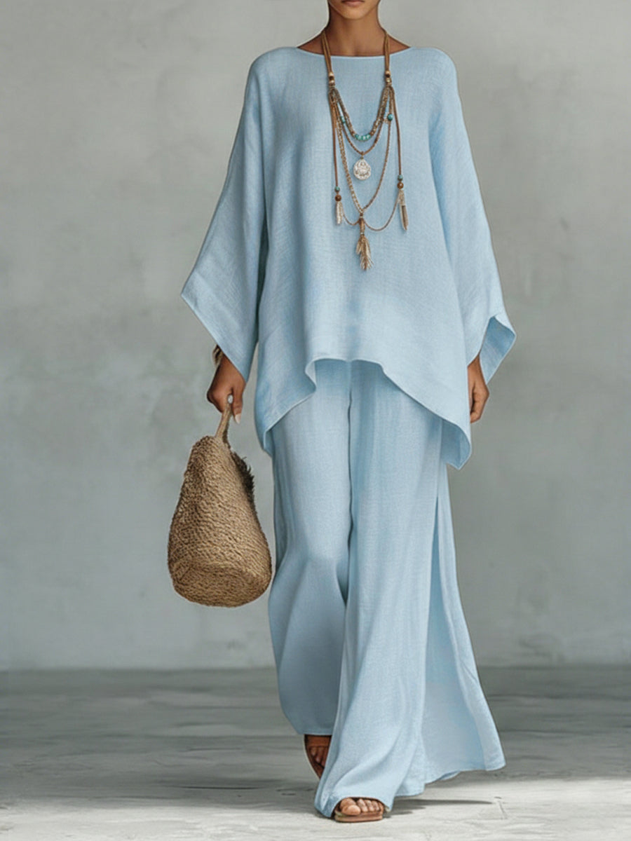 Women's Linen Co-ord Set with Wide Sleeves and Flowing Trousers for Elegant Casual Dressing | Koossa