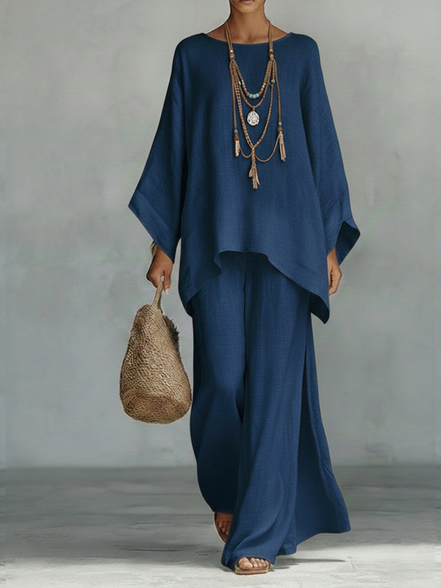 Women's Linen Co-ord Set with Wide Sleeves and Flowing Trousers for Elegant Casual Dressing | Koossa