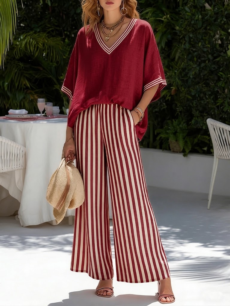 Women's V-Neck Top and Striped Trousers Co-Ord Set in Pure Cotton for Effortless Summer Dressing | Koossa