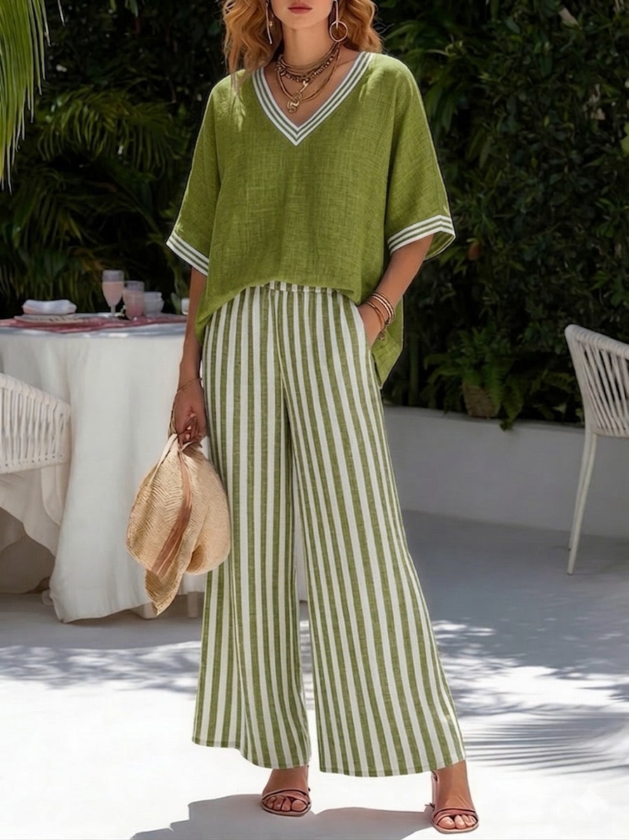 Women's V-Neck Top and Striped Trousers Co-Ord Set in Pure Cotton for Effortless Summer Dressing | Koossa