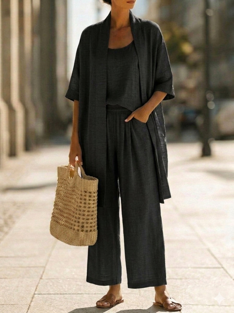 Women's Three-Piece Co-ord Set in Breathable Fabric | Relaxed Fit Top Trousers Waistcoat for Everyday Elegance | Koossa