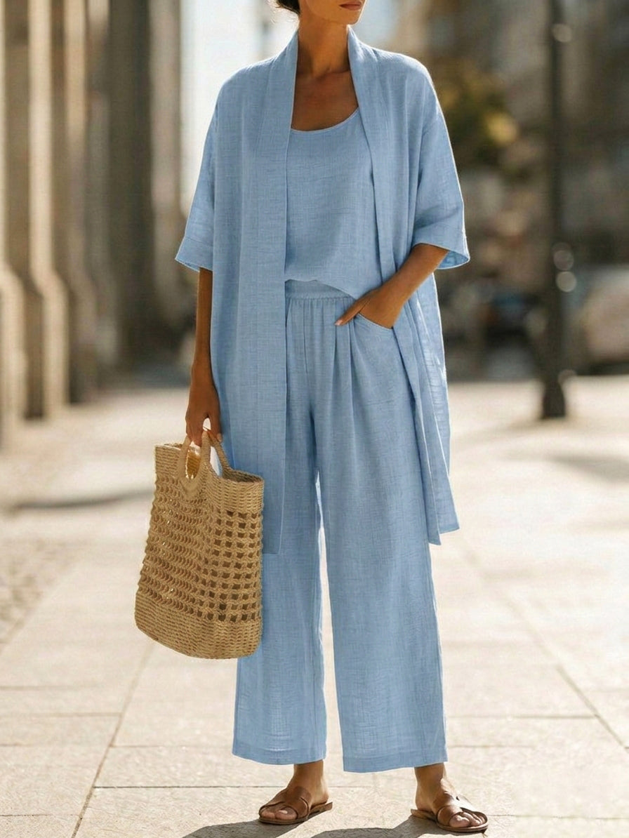 Women's Three-Piece Co-ord Set in Breathable Fabric | Relaxed Fit Top Trousers Waistcoat for Everyday Elegance | Koossa