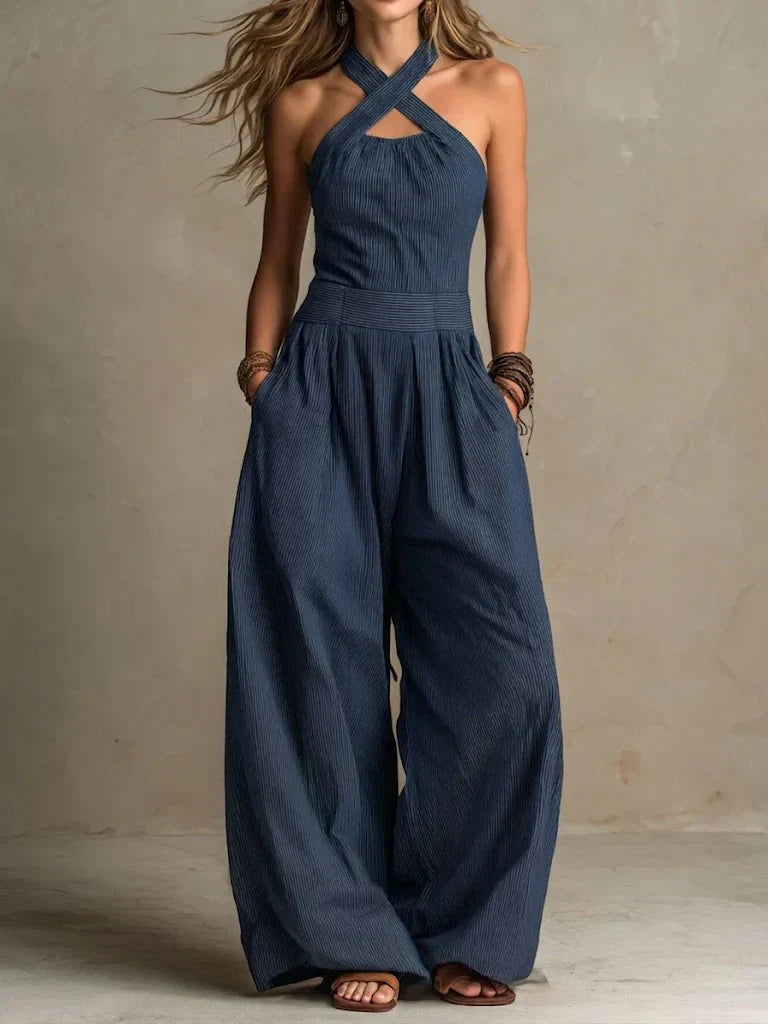 Women's Black Wide Leg Jumpsuit — Elegant Summer Jumpsuit with Crossover Neckline for Evening Occasions | Koossa