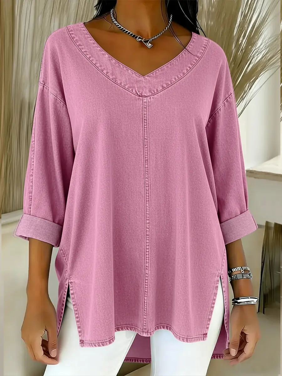 Women's Relaxed V-Neck Denim Shirt in Blue with Dipped Hem and Side Slits for Casual Elegance | Koossa