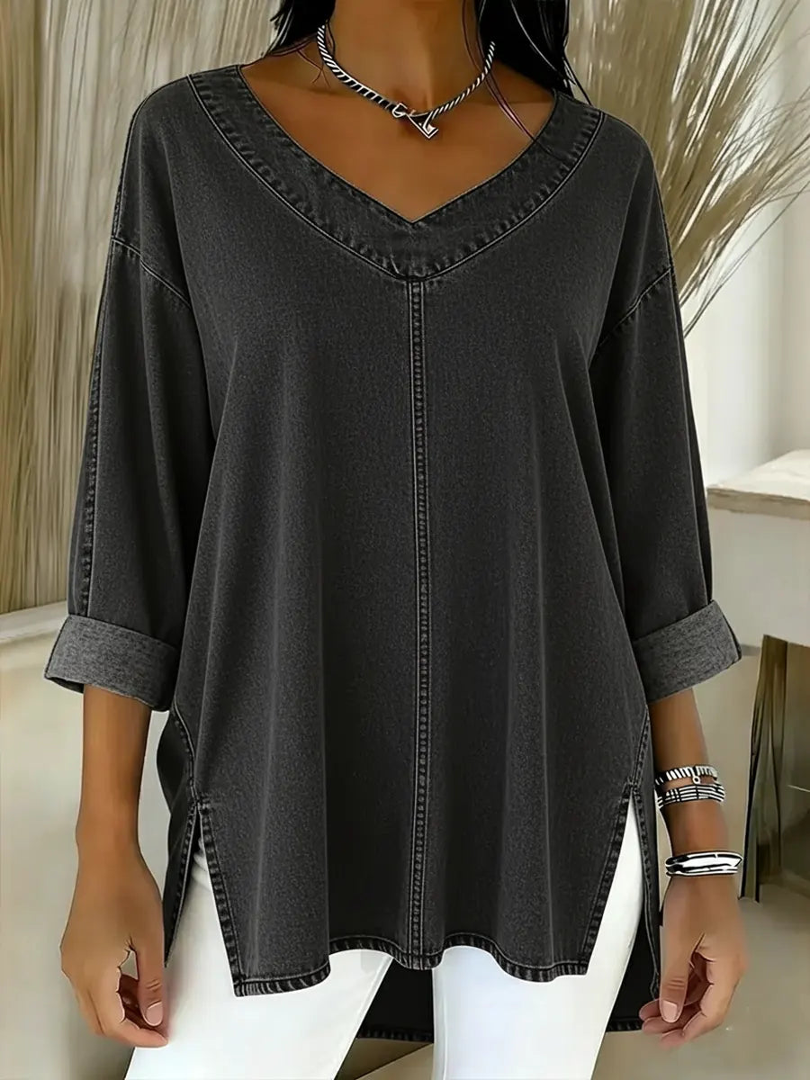 Women's Relaxed V-Neck Denim Shirt in Blue with Dipped Hem and Side Slits for Casual Elegance | Koossa