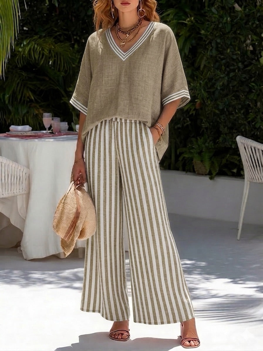 Women's V-Neck Top and Striped Trousers Co-Ord Set in Pure Cotton for Effortless Summer Dressing | Koossa