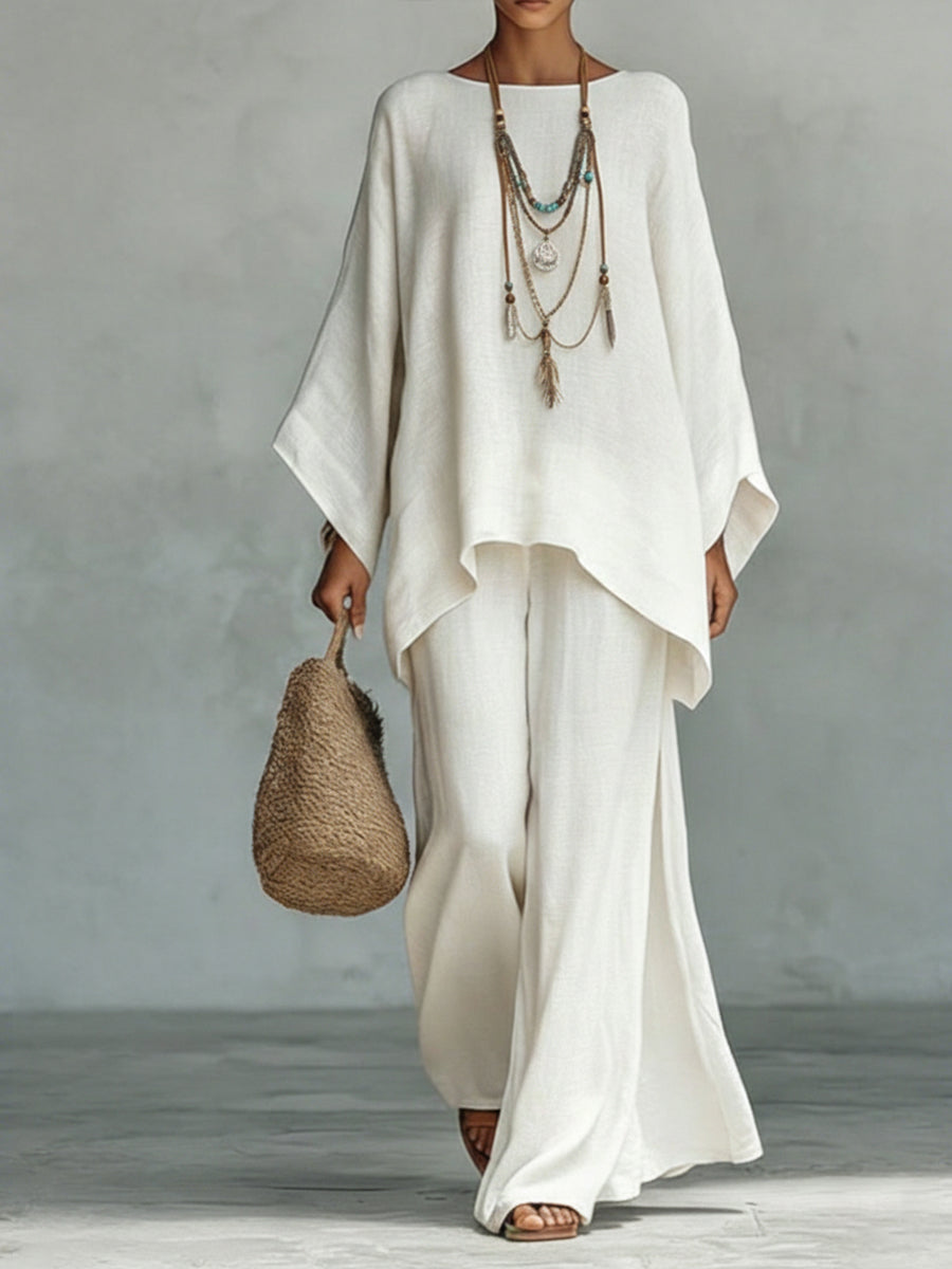 Women's Linen Co-ord Set with Wide Sleeves and Flowing Trousers for Elegant Casual Dressing | Koossa