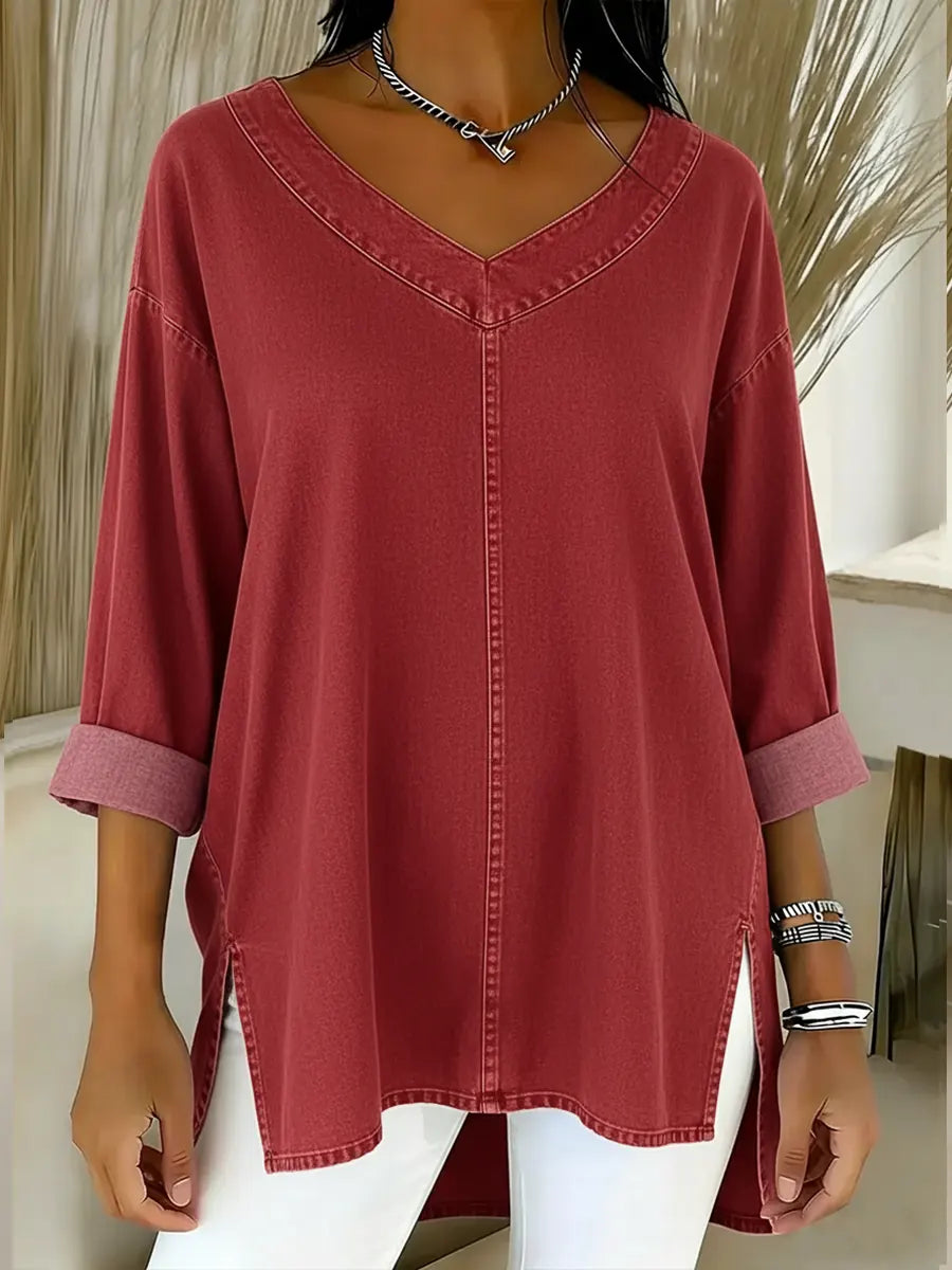 Women's Relaxed V-Neck Denim Shirt in Blue with Dipped Hem and Side Slits for Casual Elegance | Koossa
