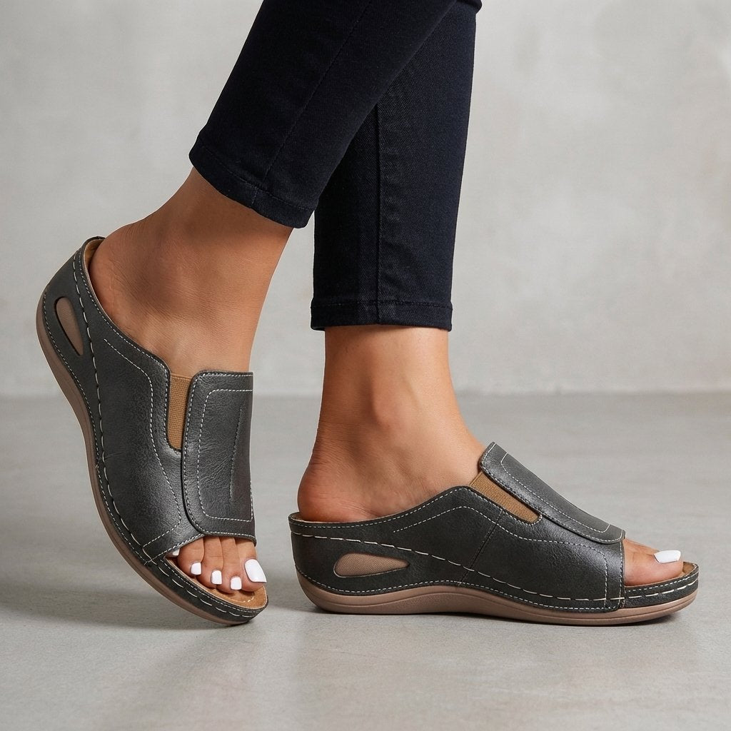 Women's Leather Wedge Sandals with Open Toe and Supportive Footbed for All-Day Comfort | Elegant Slip-On Summer Sandals | Koossa