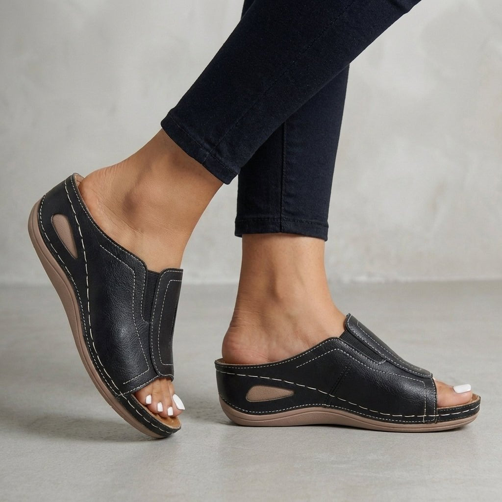 Women's Leather Wedge Sandals with Open Toe and Supportive Footbed for All-Day Comfort | Elegant Slip-On Summer Sandals | Koossa