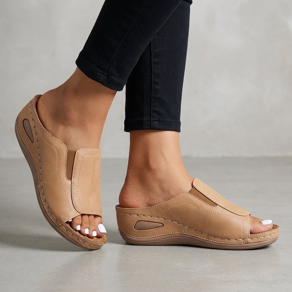 Women's Leather Wedge Sandals with Open Toe and Supportive Footbed for All-Day Comfort | Elegant Slip-On Summer Sandals | Koossa