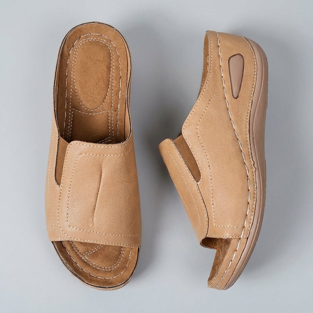 Women's Leather Wedge Sandals with Open Toe and Supportive Footbed for All-Day Comfort | Elegant Slip-On Summer Sandals | Koossa