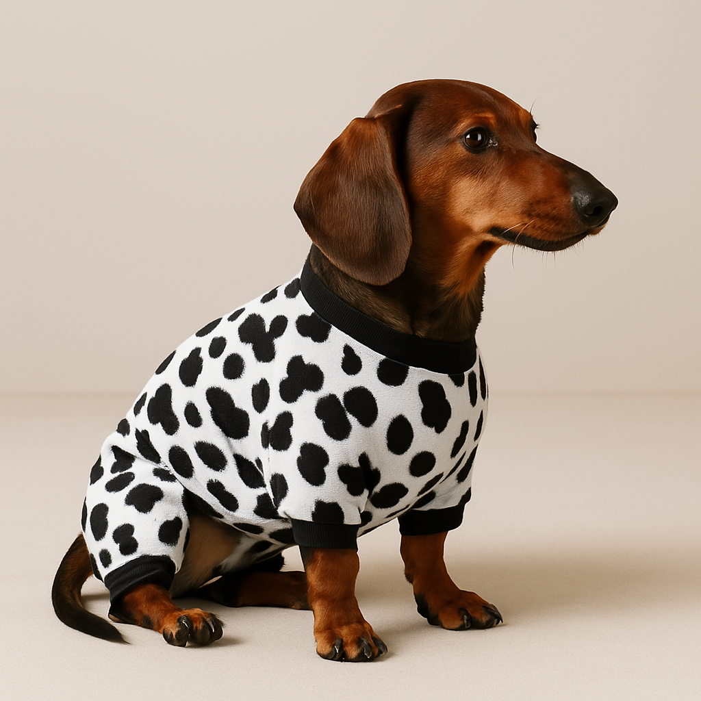 Dachshund Pyjamas Fleece Cow Print Full Body Jumpsuit S–XL Winter Dog Sleepwear Onesie Cold Weather | Koossa