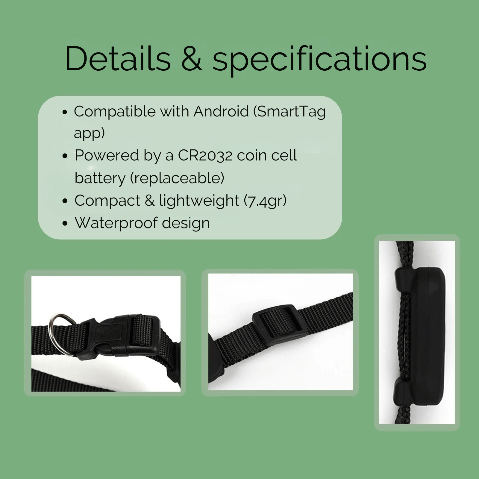 Pet GPS Tracker Bluetooth 5.2 Android SmartTag 39x28mm CR2032 90dB Alert Adjustable 28–39cm Cat Dog No Subscription | Koossa