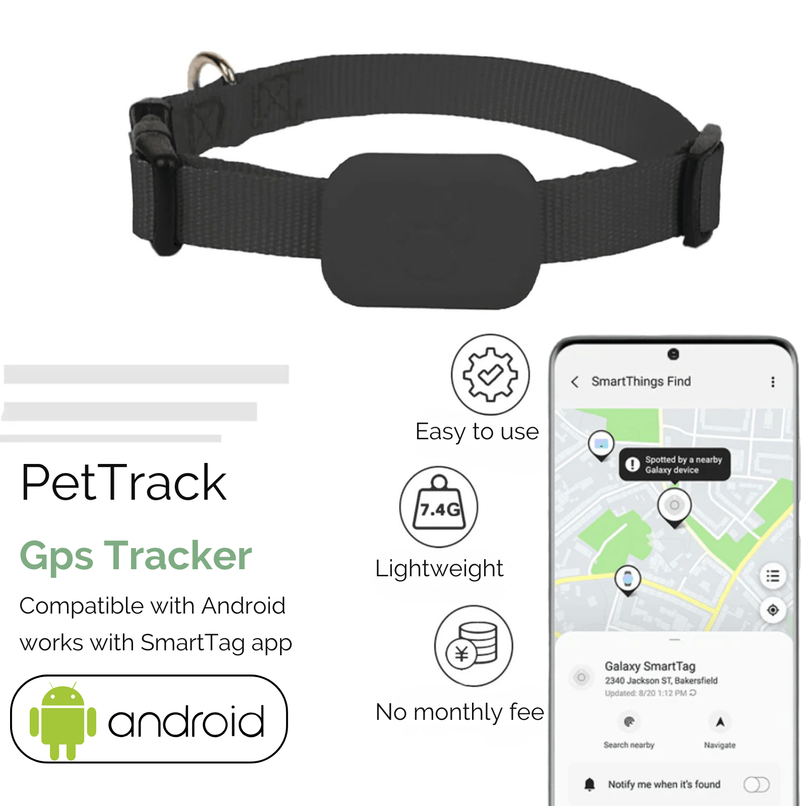 Pet GPS Tracker Bluetooth 5.2 Android SmartTag 39x28mm CR2032 90dB Alert Adjustable 28–39cm Cat Dog No Subscription | Koossa