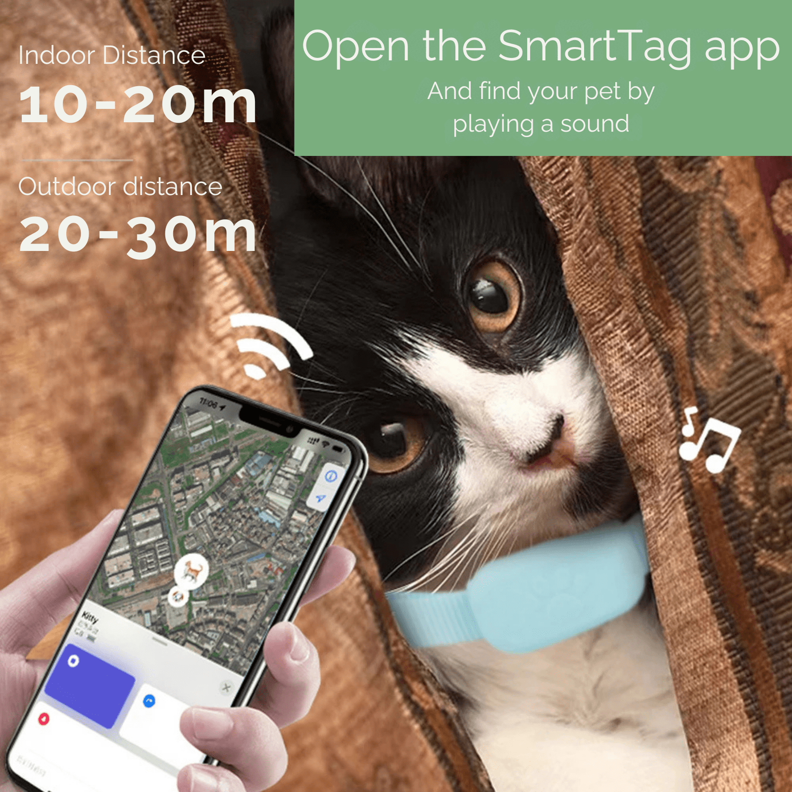 Pet GPS Tracker Bluetooth 5.2 Android SmartTag 39x28mm CR2032 90dB Alert Adjustable 28–39cm Cat Dog No Subscription | Koossa