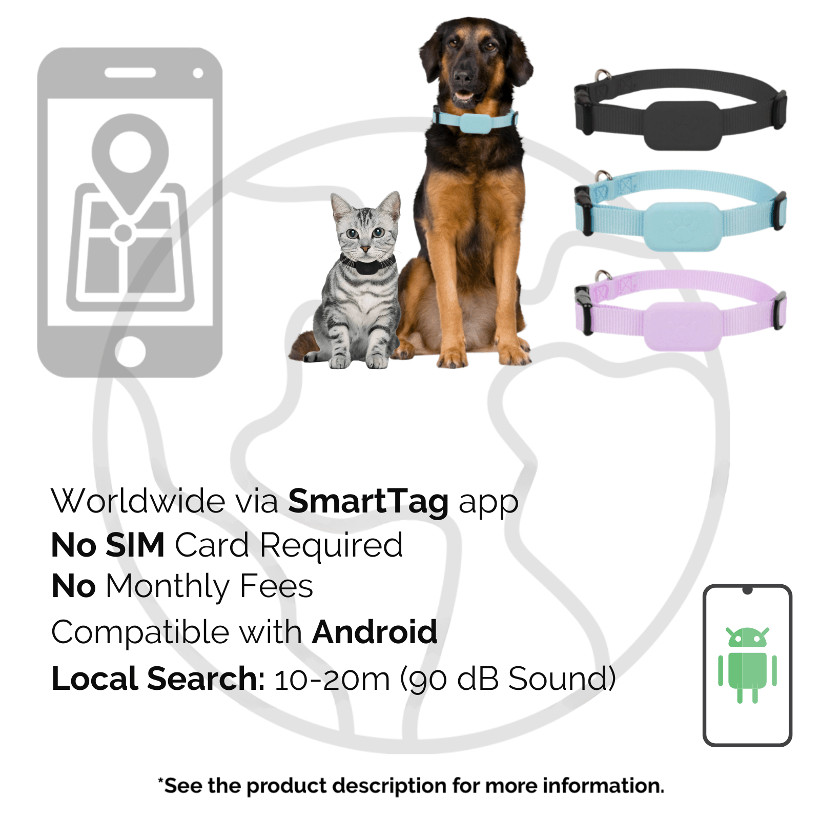 Pet GPS Tracker Bluetooth 5.2 Android SmartTag 39x28mm CR2032 90dB Alert Adjustable 28–39cm Cat Dog No Subscription | Koossa