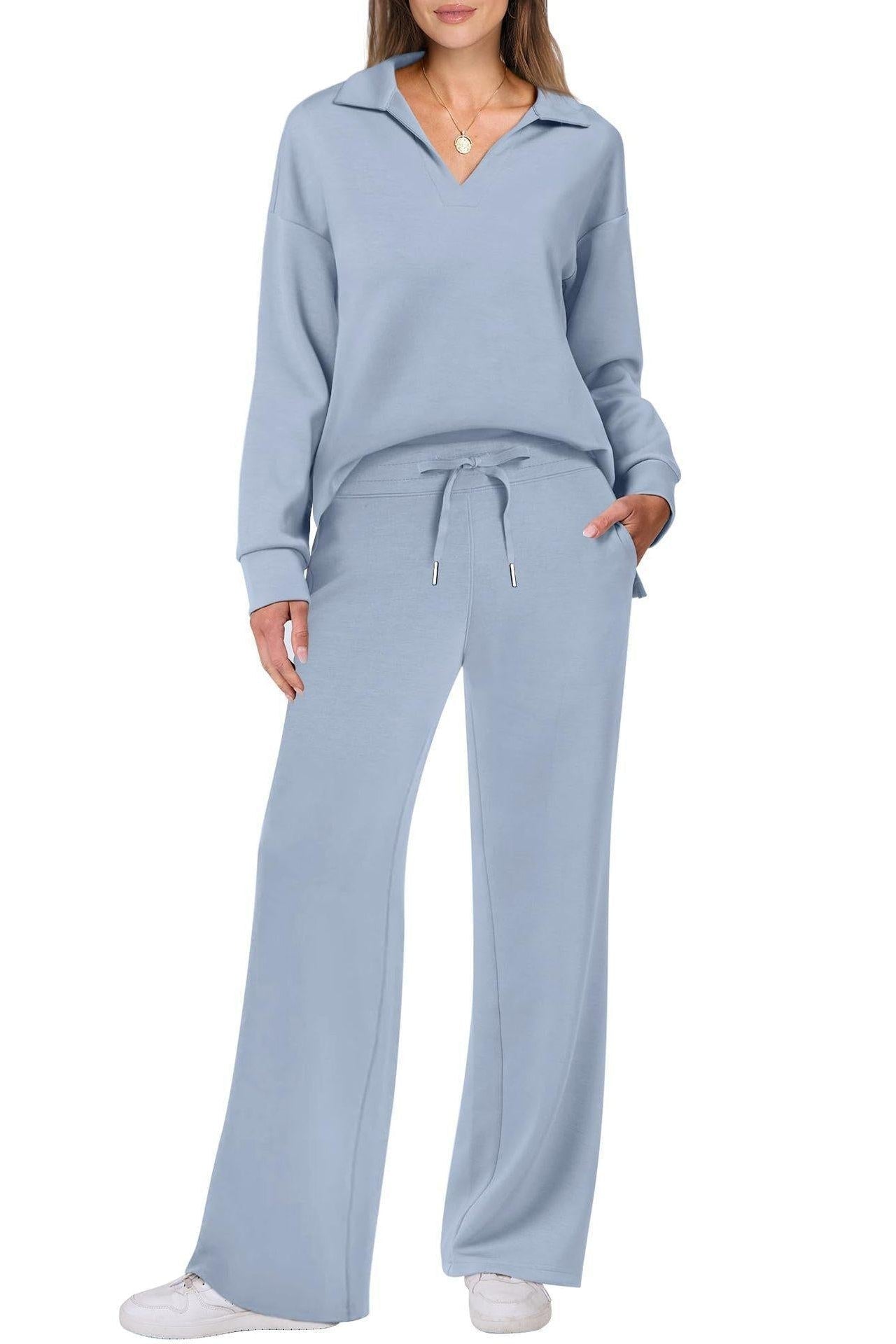 Women's Two-Piece Lounge Set V-Neck Collared Top Wide-Leg Trousers Drawstring Waist Relaxed Fit Comfortable Loungewear Casual Weekend Wear Timeless Minimalist Style | Koossa