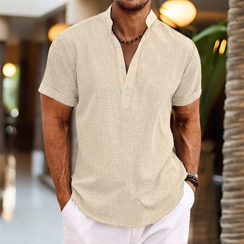 Men's Short Sleeve Band Collar Shirt in Lightweight Cotton Blend for Summer Occasions and Casual Weekend Wear | Koossa