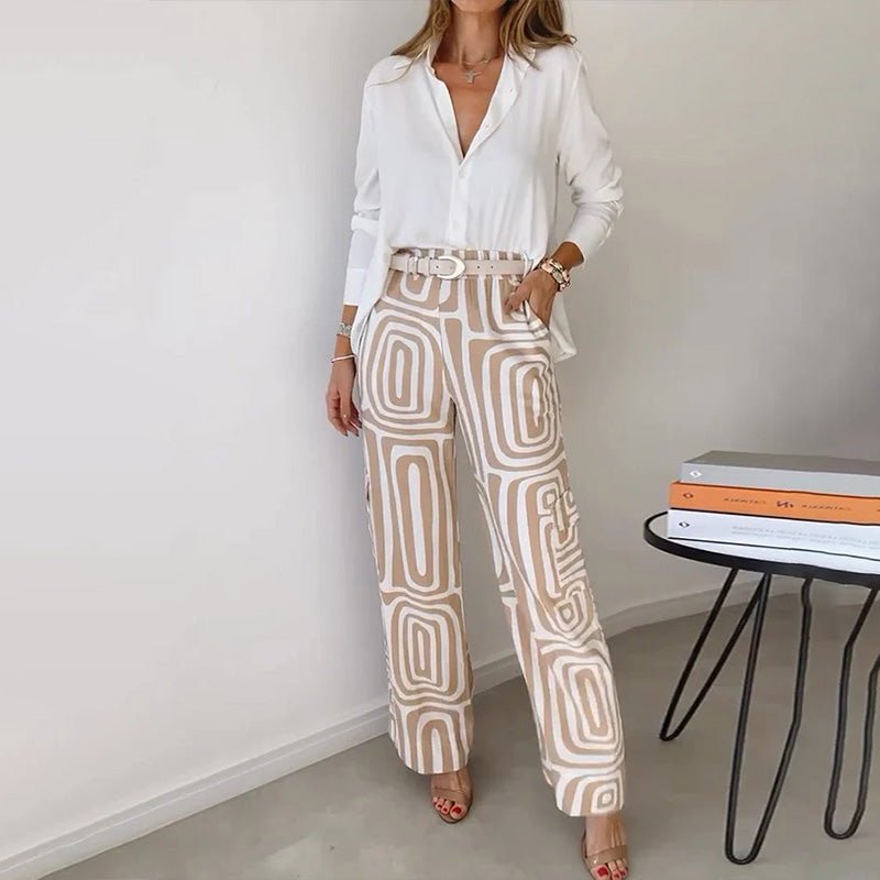 Women's Two-Piece Tailored Set White Button-Up Shirt Geometric Print Trousers Office to Evening Sophisticated Coordinated Separates Plus Size | Koossa