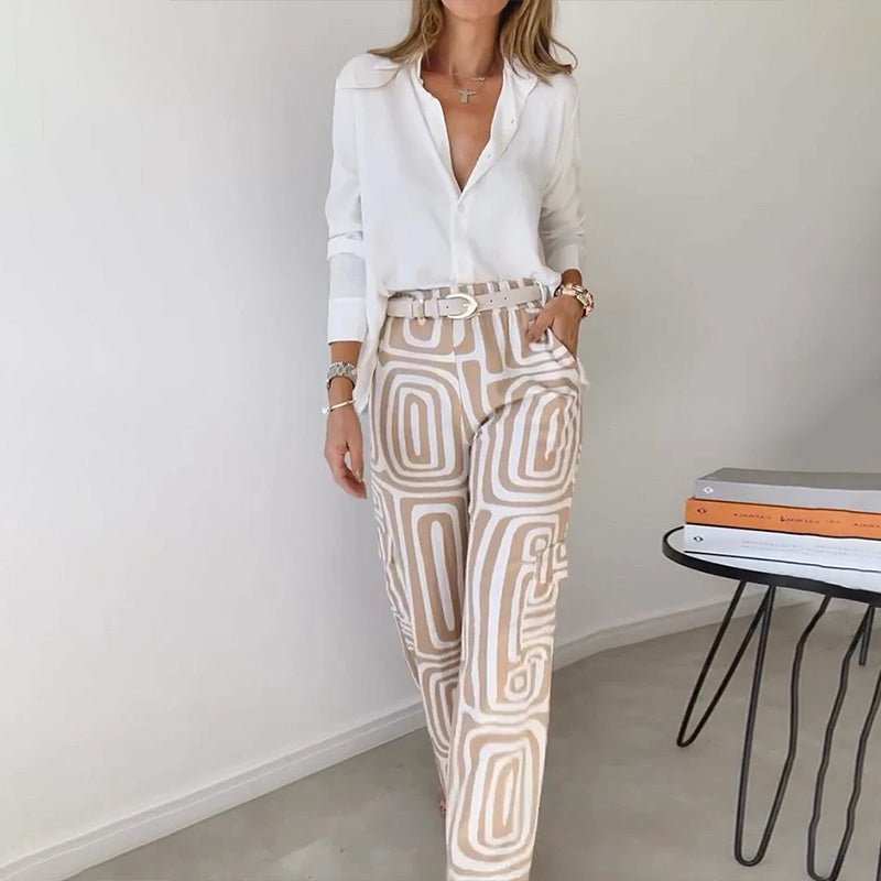 Women's Two-Piece Tailored Set White Button-Up Shirt Geometric Print Trousers Office to Evening Sophisticated Coordinated Separates Plus Size | Koossa