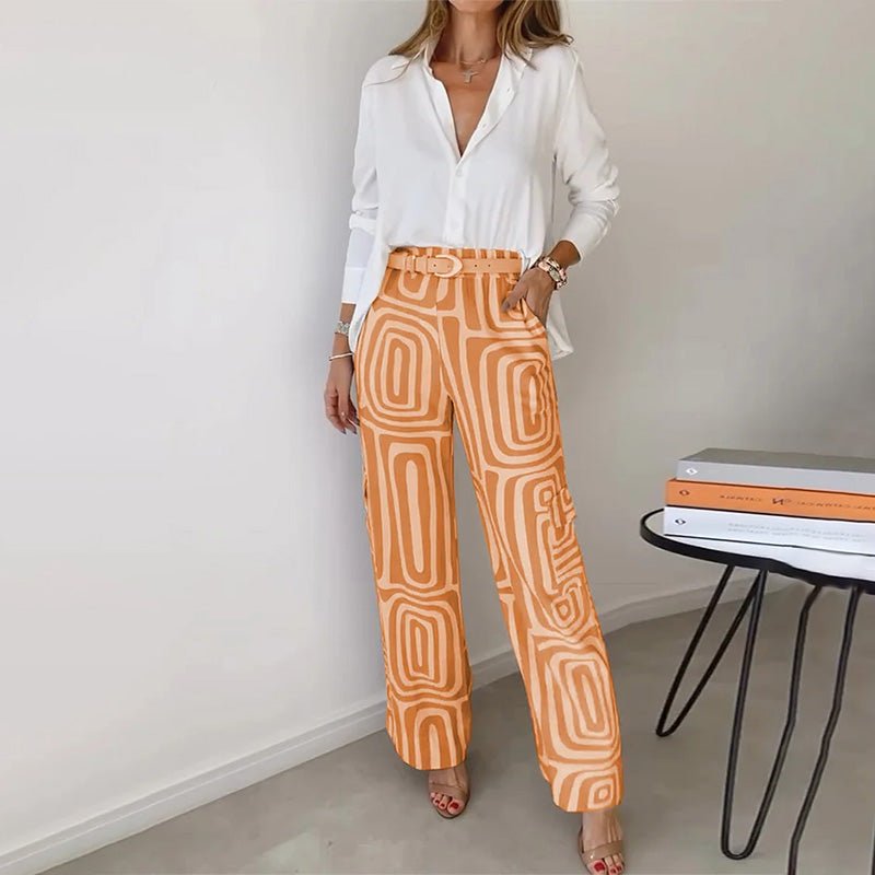Women's Two-Piece Tailored Set White Button-Up Shirt Geometric Print Trousers Office to Evening Sophisticated Coordinated Separates Plus Size | Koossa
