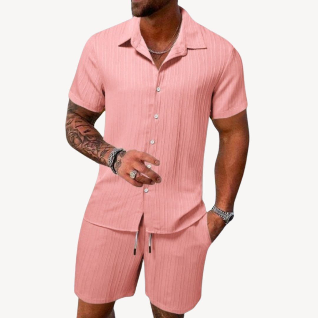 Men's Coordinated Linen-Blend Shirt and Shorts Set in Natural Tones for Relaxed Summer Days | Koossa