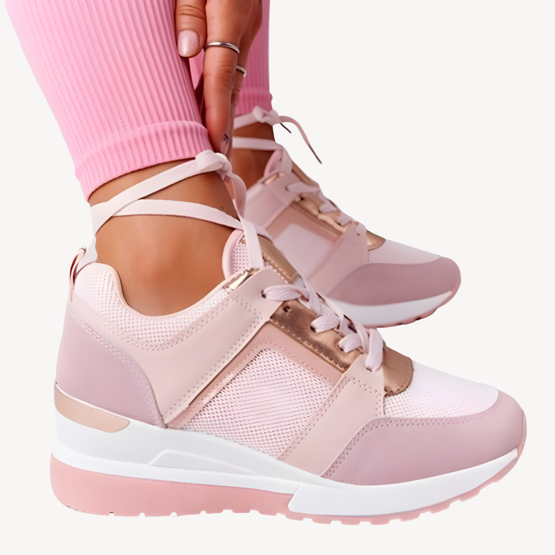 Women's Leather Wedge Trainers with Hidden Heel in Beige, Grey, Pink & White – Elevated Comfort for Town & Country | Koossa