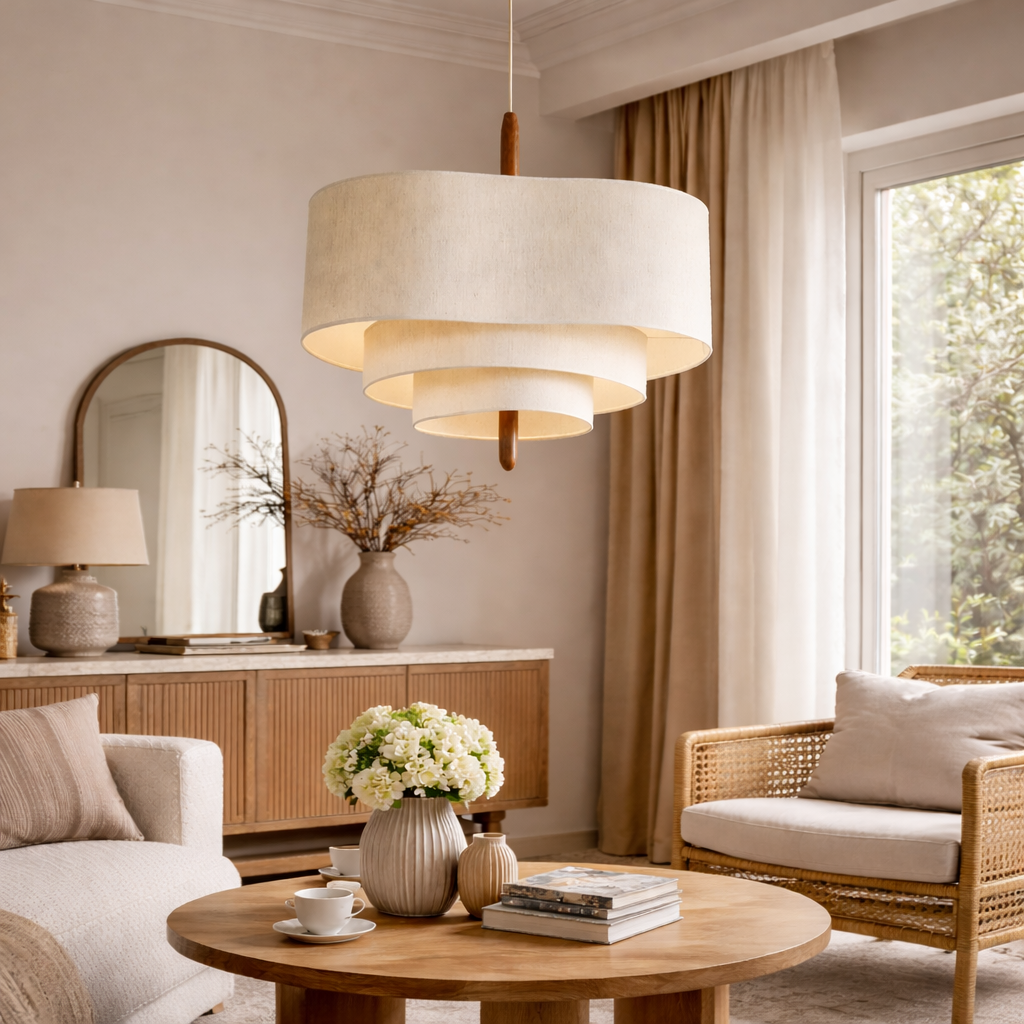 Suspension luminaire textile style zen bois métal éclairage diffus pour salle à manger chambre salon ambiance | Koossa