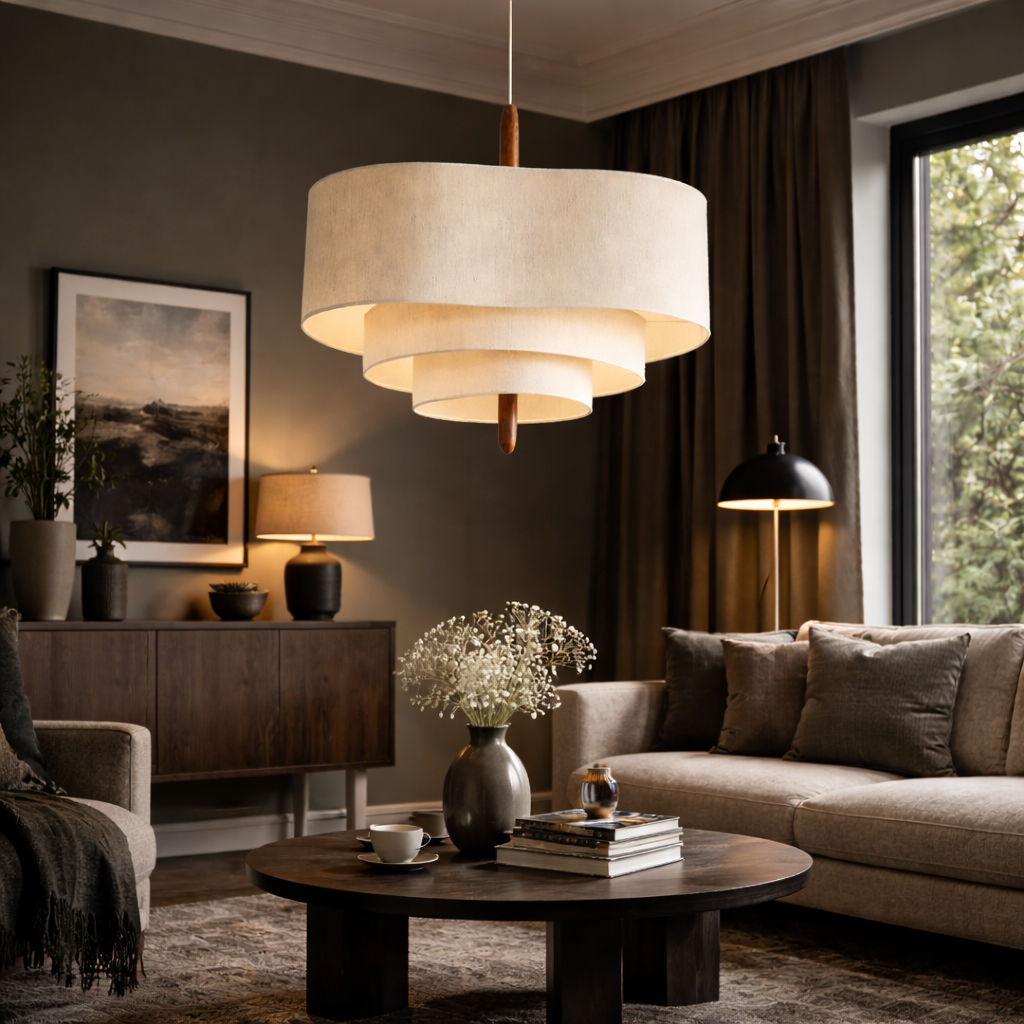 Suspension luminaire textile style zen bois métal éclairage diffus pour salle à manger chambre salon ambiance | Koossa
