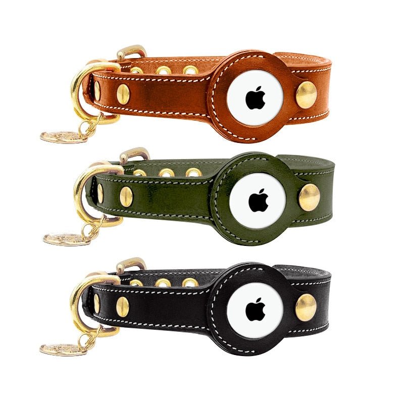 Dog Collar with AirTag Holder Leather Waterproof Adjustable Tracker Pocket Apple Find My Compatible D-Ring Small Medium Large GPS Locator | Koossa