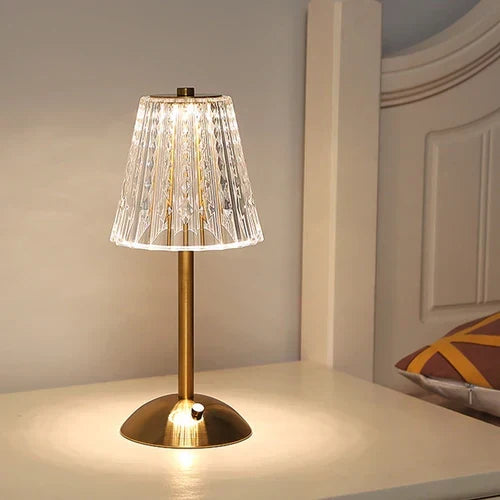 Touch Dimmable LED Table Lamp, Gold Aluminum Base with Crystal Acrylic Shade, USB-C Powered Bedside Lamp for Bedroom, Living Room & Desk | Lonoma