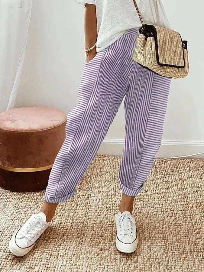 Women's Lightweight Striped Summer Trousers with Elasticated Waist in Classic Colours | Koossa