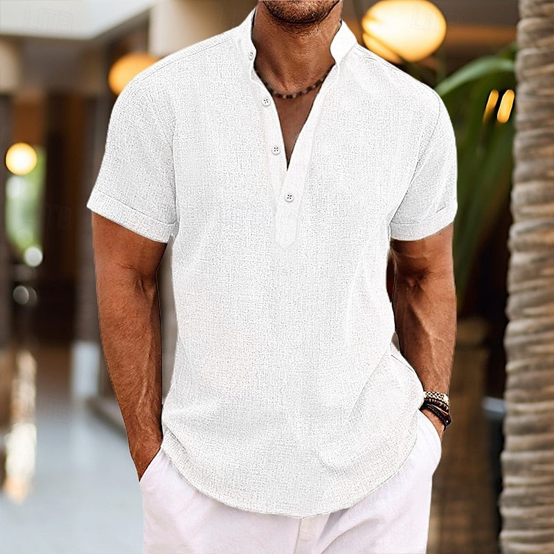 Men's Short Sleeve Band Collar Shirt in Lightweight Cotton Blend for Summer Occasions and Casual Weekend Wear | Koossa