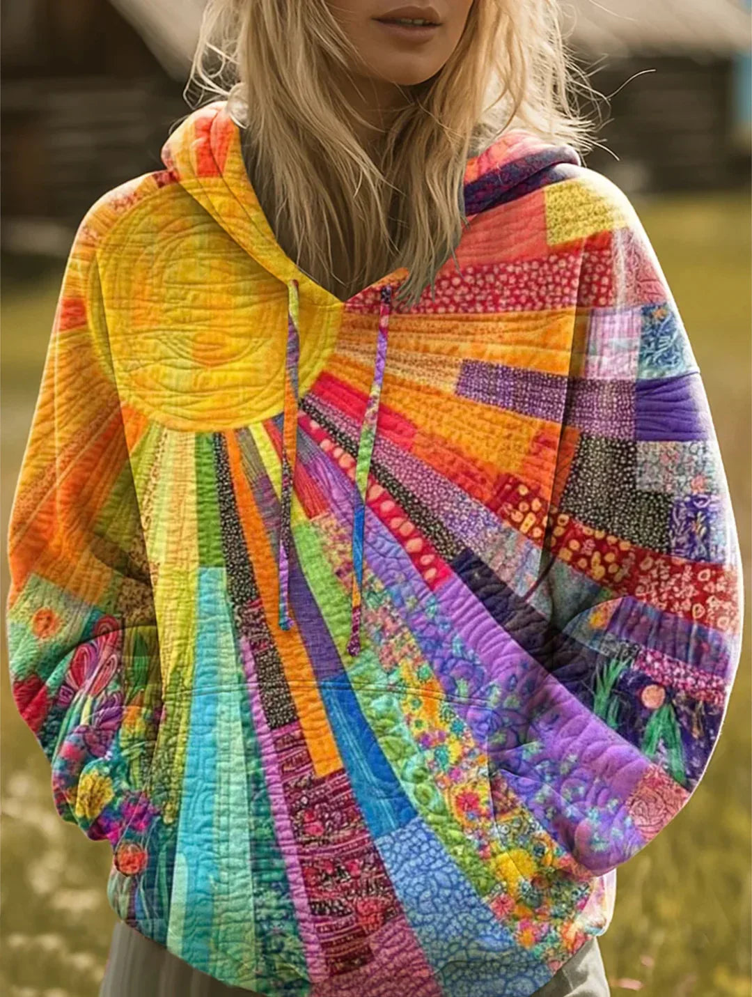 Women's Patchwork Hooded Sweatshirt in Multicolour with Sunburst Motif – Relaxed Bohemian Everyday Layering Piece for Casual Weekend Wear and Comfortable All-Day Style | Koossa
